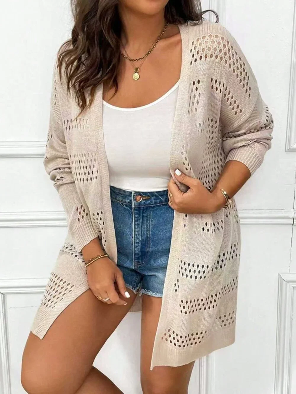 Apricot Casual Women's Loose Drop Sleeve Pointelle Knit Duster Cardigan